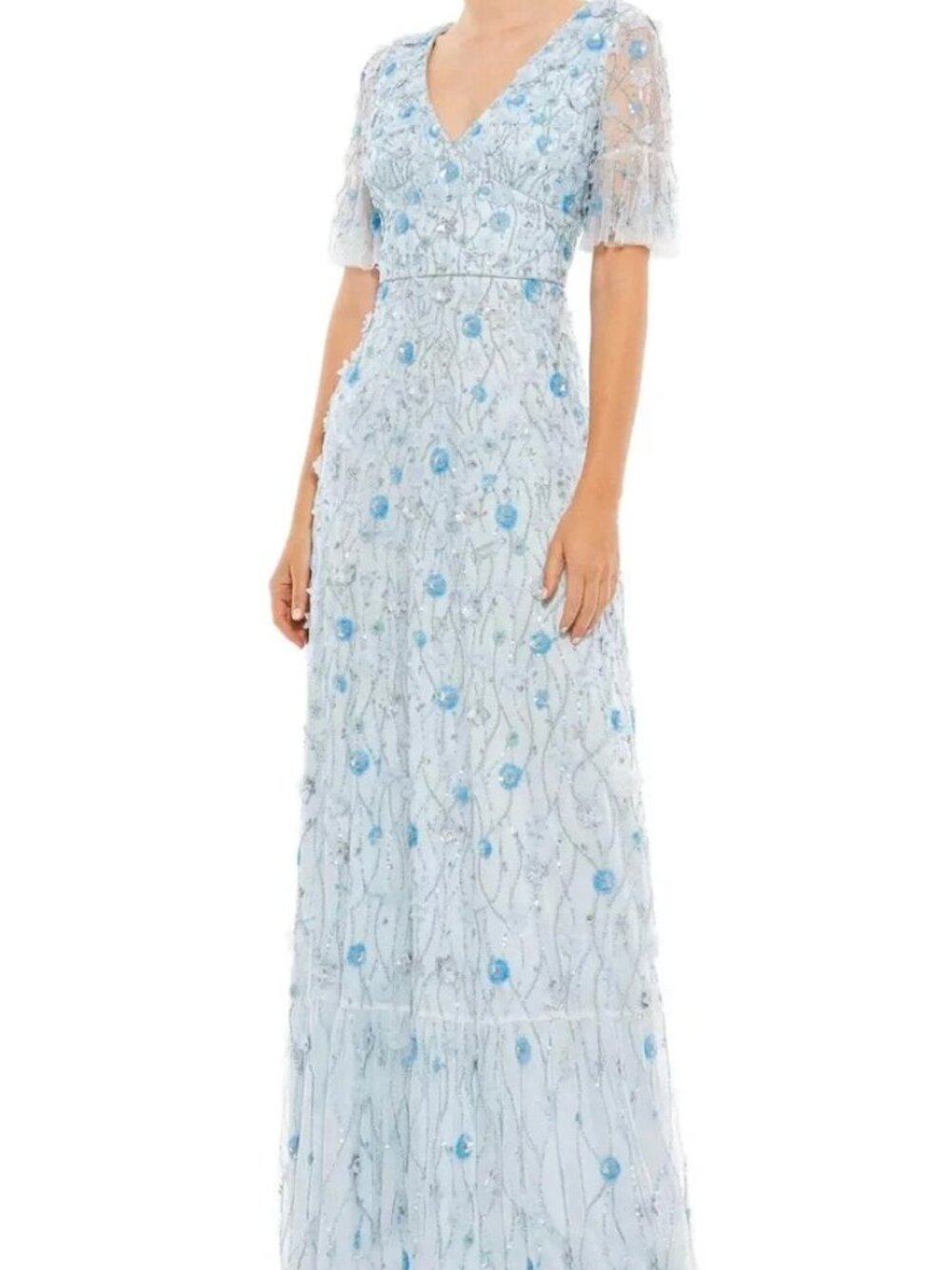 Mac Duggal Powder Blue Short Sleeve Floral Embellished Dress